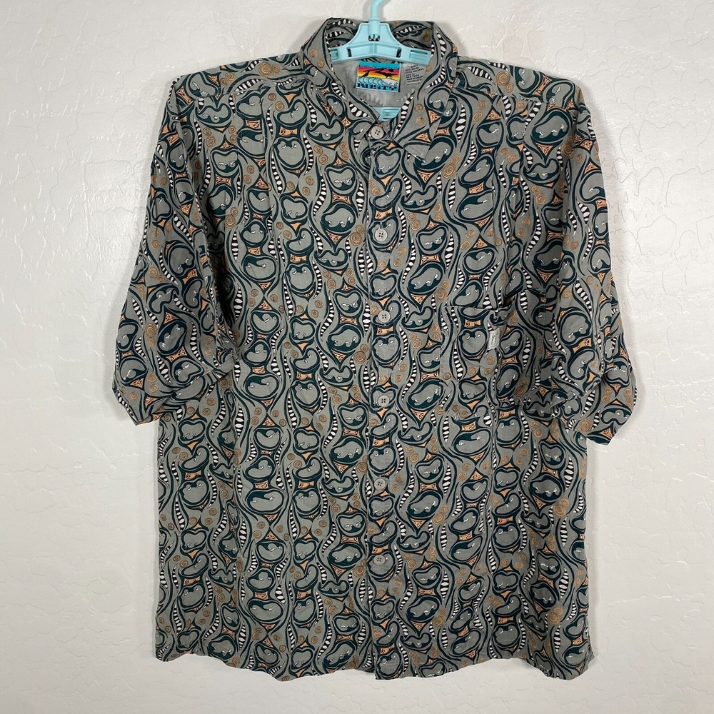 Vintage Rusty Shirt Mens Large Gray Rayon Button Up Hawaiian Abstract Beach Surf